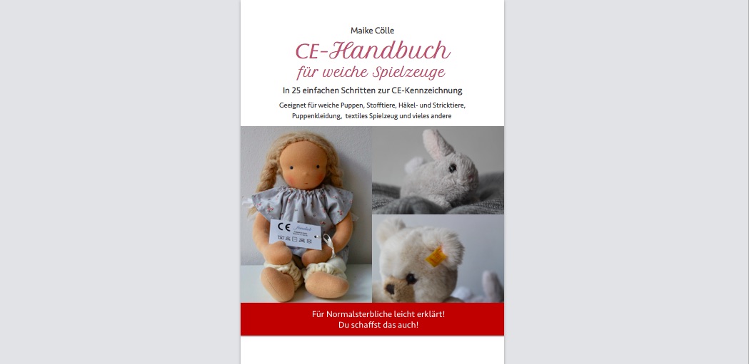 Titelbild des CE-Handbuchs für weiche Spielzeuge, mit Fotos von Puppe und Stofftieren mit CE-Labels